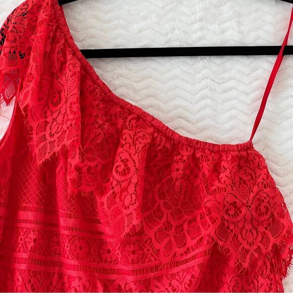 Love Fire One Shoulder Red Floral Lace Mini Dress Side Medium NWT - Picture 11 of 11
